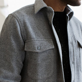 our fit model wearing The Maritime Shirt Jacket in Heather Ash Wave