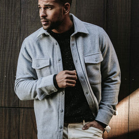 our fit model wearing The Maritime Shirt Jacket in Heather Ash Wave