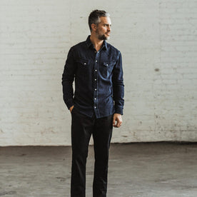 our fit model wearing The Western Shirt in Indigo Crepe