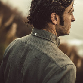Our fit model wearing The Jack Shirt in Cone Mills Cord.