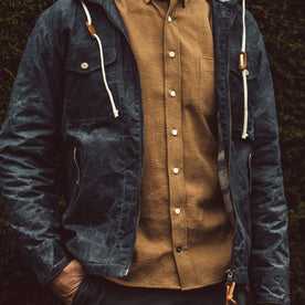 Our fit model wearing The Jack Shirt in Cone Mills Cord.