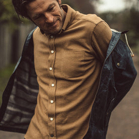 Our fit model wearing The Jack Shirt in Cone Mills Cord.