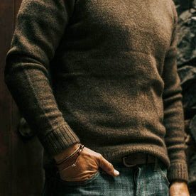 our fit model wearing The Lodge Sweater in Army