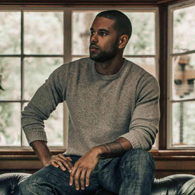 our fit model wearing The Lodge Sweater in Light Grey