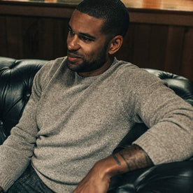 our fit model wearing The Lodge Sweater in Light Grey