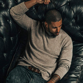 our fit model wearing The Lodge Sweater in Light Grey
