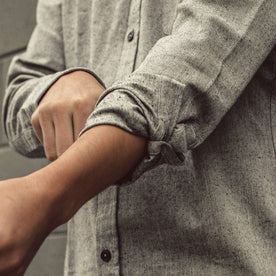 Our fit model wearing The California in Charcoal Herringbone.