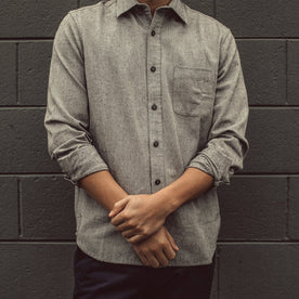Our fit model wearing The California in Charcoal Herringbone.