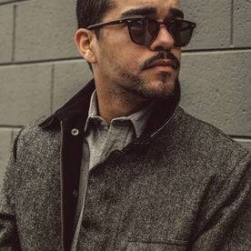 Our fit model wearing The California in Charcoal Herringbone.