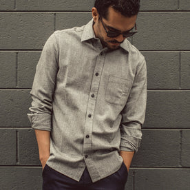 Our fit model wearing The California in Charcoal Herringbone.