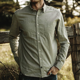Our fit model wearing The California in Olive Hemp Poplin.
