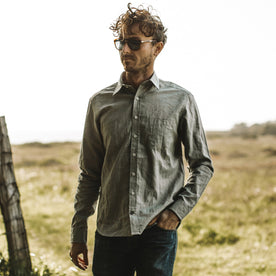 Our fit model wearing The California in Olive Hemp Poplin.