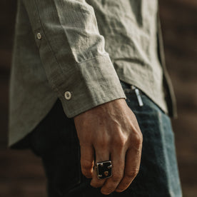 Our fit model wearing The California in Olive Hemp Poplin.