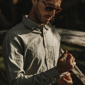 Our fit model wearing The California in Olive Hemp Poplin.