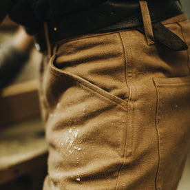 Our fit model wearing The Camp Pant in British Khaki Tuff Duck from Taylor Stitch.