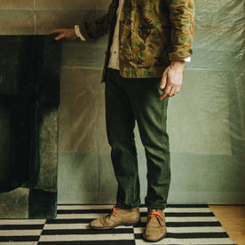 Our fit model wearing The Camp Pant in Dark Olive Tuff Duck from Taylor Stitch.