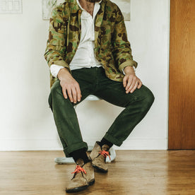 Our fit model wearing The Camp Pant in Dark Olive Tuff Duck from Taylor Stitch.