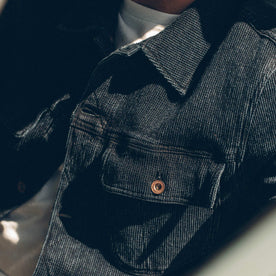 Close up of the fit model wearing the long haul in waffle indigo