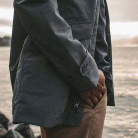 A side view of our fit model wearing the primrose jacket