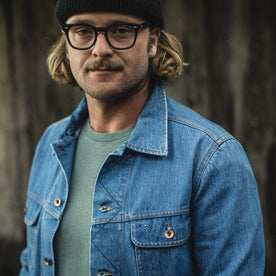 Our fit model wearing The Long Haul Jacket in '68 24 Month Wash.