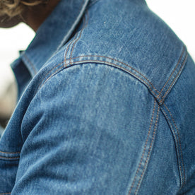 Our fit model wearing The Long Haul Jacket in '68 24 Month Wash.