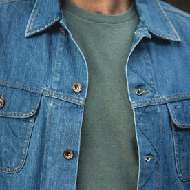 Our fit model wearing The Long Haul Jacket in '68 24 Month Wash.