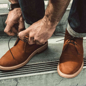our fit model wearing The Chukka in Tumbled Sedona