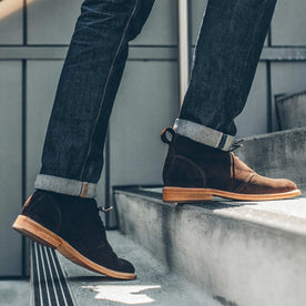 Our fit model texting the Chukka shoe in the city