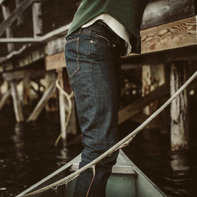 The fit model about to go out on the water in his denim