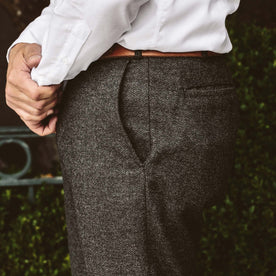 The fit model shows the pocket of his telegraph suit