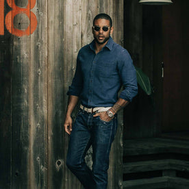 Our fit model wearing The California in Indigo Dobby