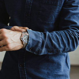 Our fit model wearing The California in Indigo Dobby