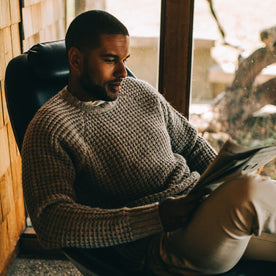 Our fit model wearing The Fisherman Sweater in Natural Waffle
