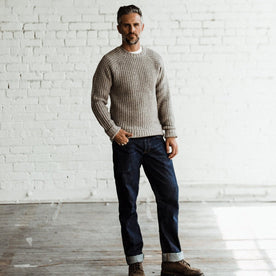 Our fit model wearing The Fisherman Sweater in Natural Waffle