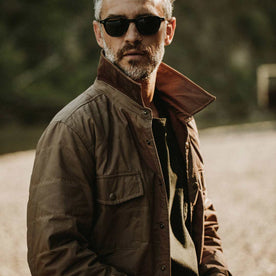 Our fit model wearing The Garrison Shirt Jacket in British Khaki Dry Wax