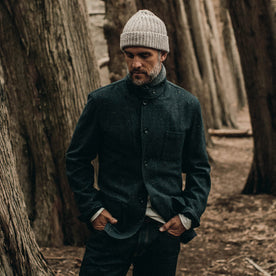 Our fit model wearing The Gibson Jacket in Navy Windowpane Donegal