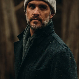 Our fit model wearing The Gibson Jacket in Navy Windowpane Donegal