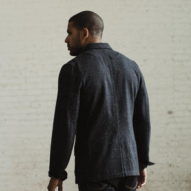Our fit model wearing The Gibson Jacket in Navy Windowpane Donegal