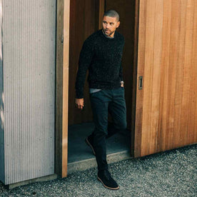 our fit model wearing The Hardtack Sweater in Black Yak Donegal