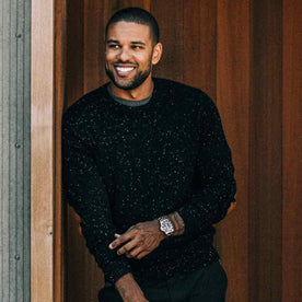 our fit model wearing The Hardtack Sweater in Black Yak Donegal