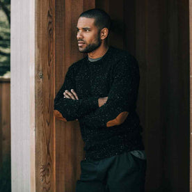 our fit model wearing The Hardtack Sweater in Black Yak Donegal