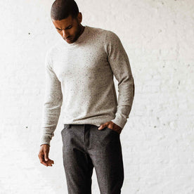 our fit model wearing The Hardtack Sweater in Polar Yak Donegal