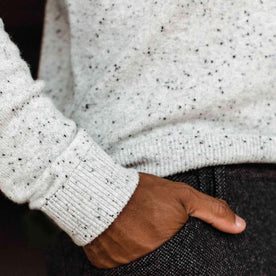 our fit model wearing The Hardtack Sweater in Polar Yak Donegal