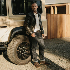Our fit model wearing The Democratic Jean in Yamaashi Orimono Recover Selvage