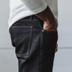 Our fit model wearing The Democratic Jean in Yamaashi Orimono Recover Selvage