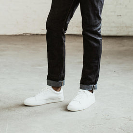 our fit model wearing The Slim Jean in Yamaashi Orimono Recover Selvage
