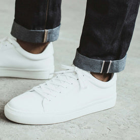 our fit model wearing The Slim Jean in Yamaashi Orimono Recover Selvage