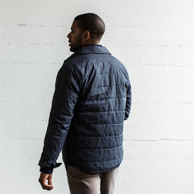 our fit model wearing The Garrison Shirt Jacket in Navy Dry Wax