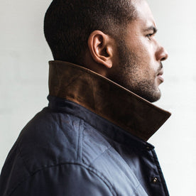 our fit model wearing The Garrison Shirt Jacket in Navy Dry Wax