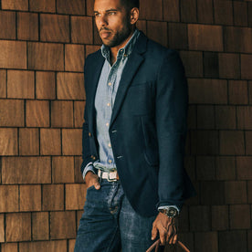 Our fit model wearing The Telegraph Jacket in Navy Boiled Wool by Taylor Stitch.